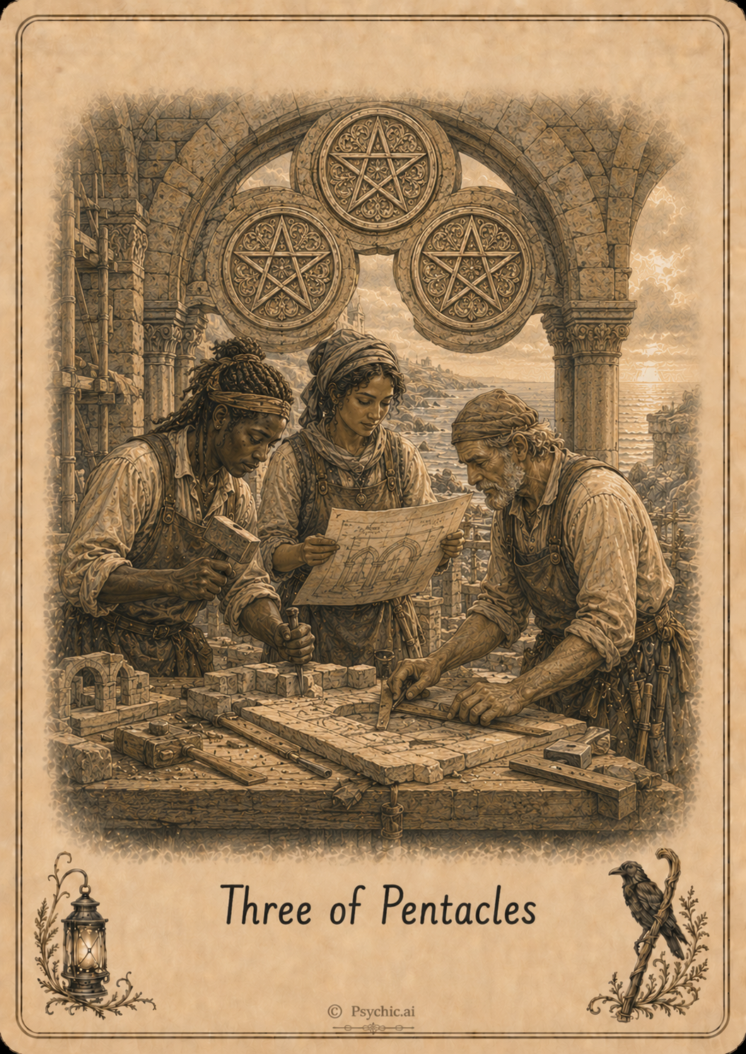 Three of Pentacles tarot card illustration